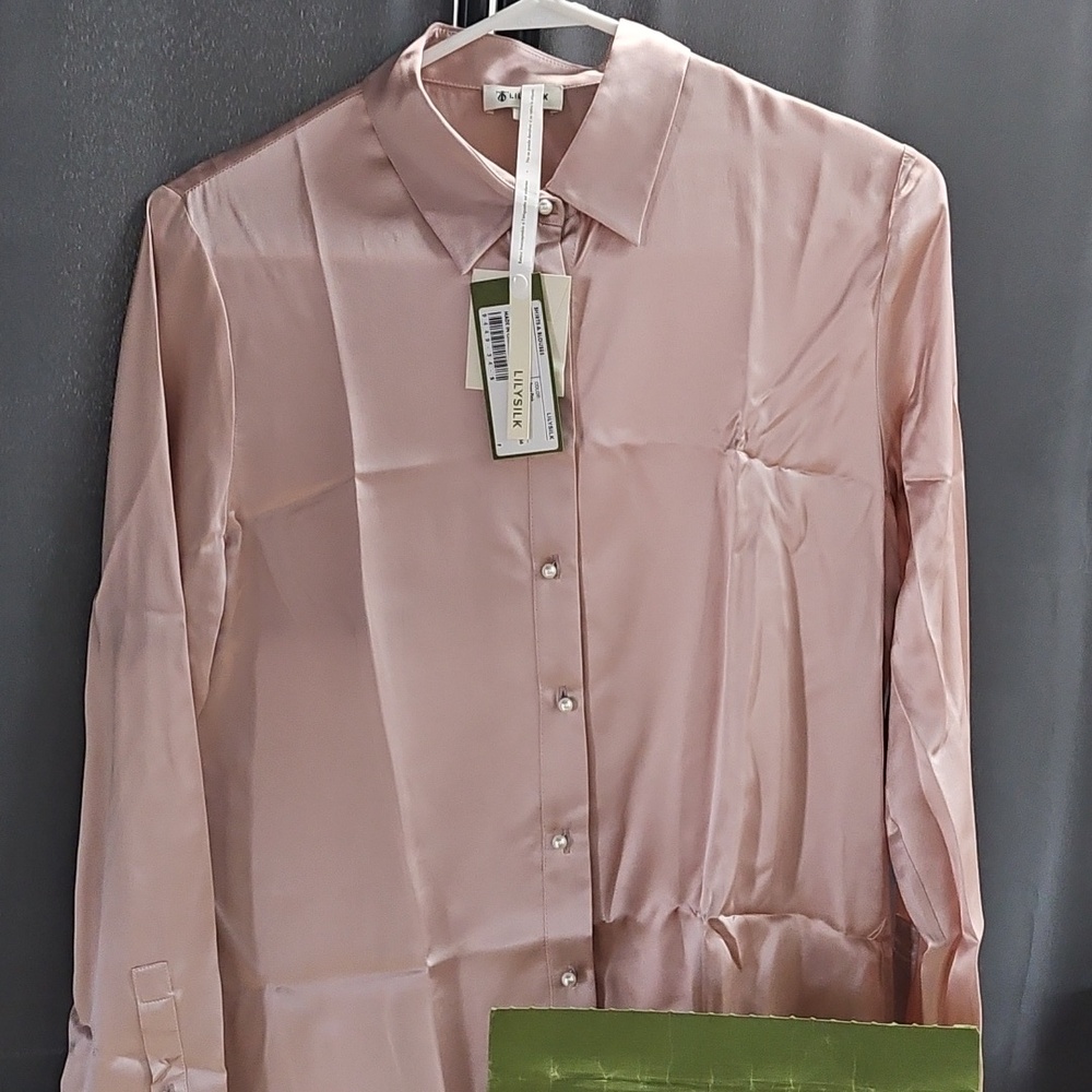 Light Pink Satin Button-Up Shirt by Lily Silk